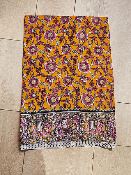 Mustard Kalamkari Block Print Pure Cotton Saree with Blouse Piece
