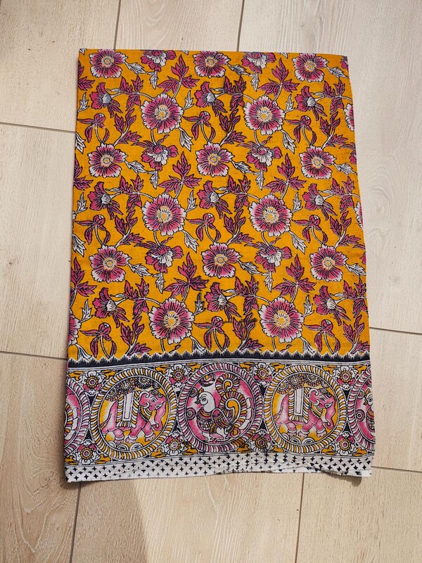 Mustard Kalamkari Block Print Pure Cotton Saree with Blouse Piece