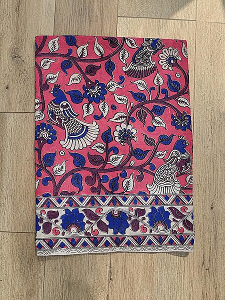Pink & Blue Kalamkari Block Print Pure Cotton Saree with Blouse Piece