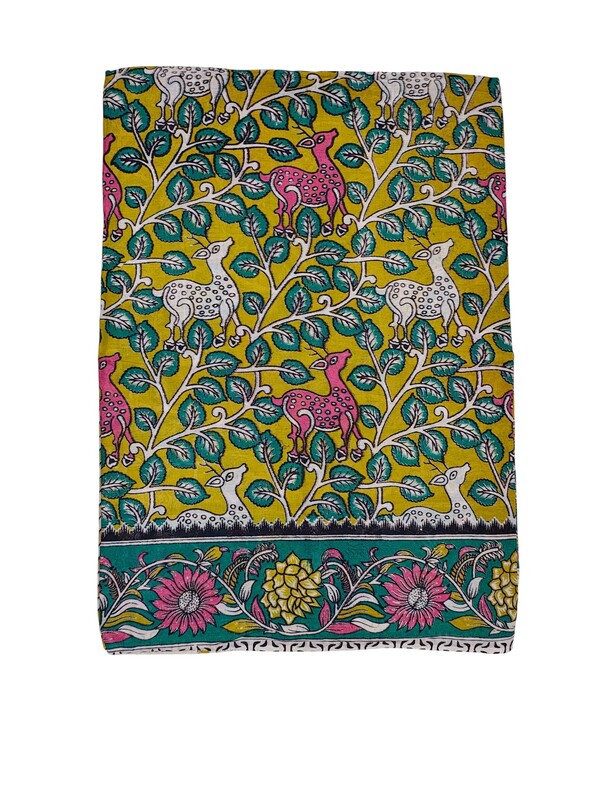 Olive Green Kalamkari Block Print Pure Cotton Saree with Blouse Piece