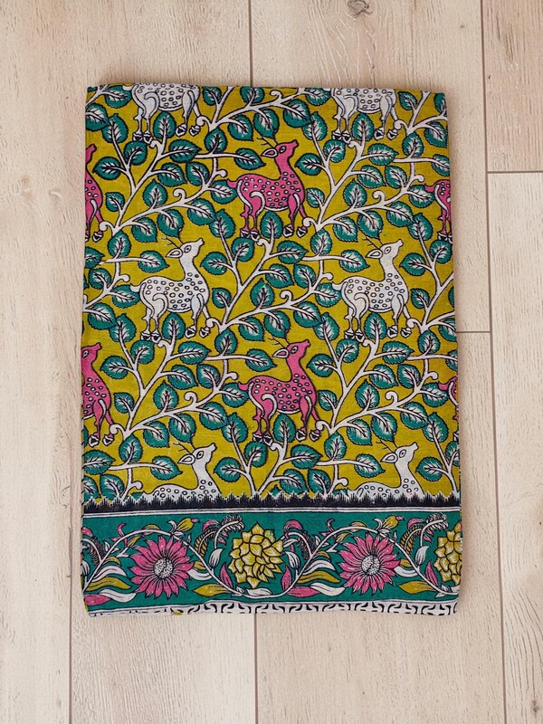 Olive Green Kalamkari Block Print Pure Cotton Saree with Blouse Piece