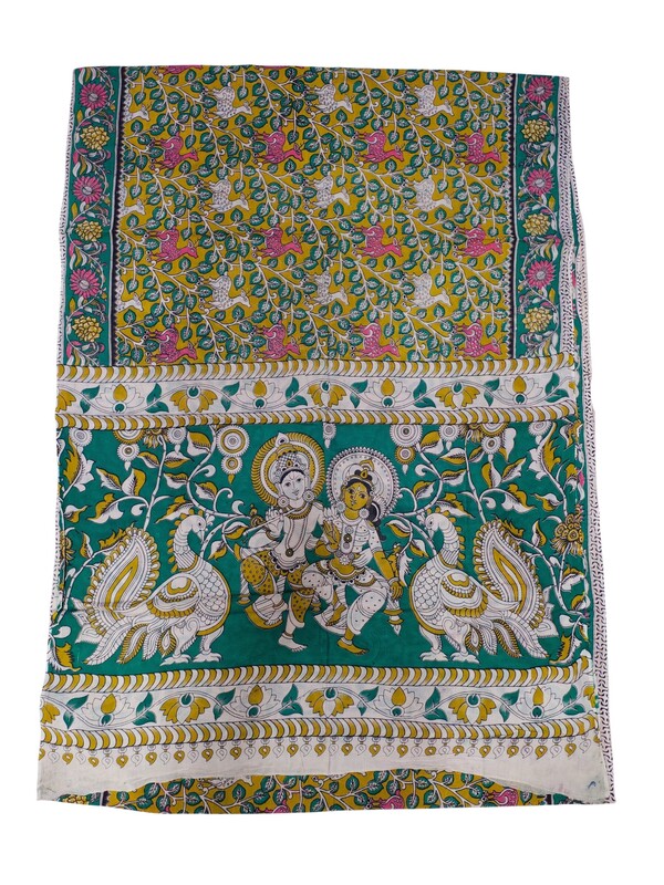 Olive Green Kalamkari Block Print Pure Cotton Saree with Blouse Piece