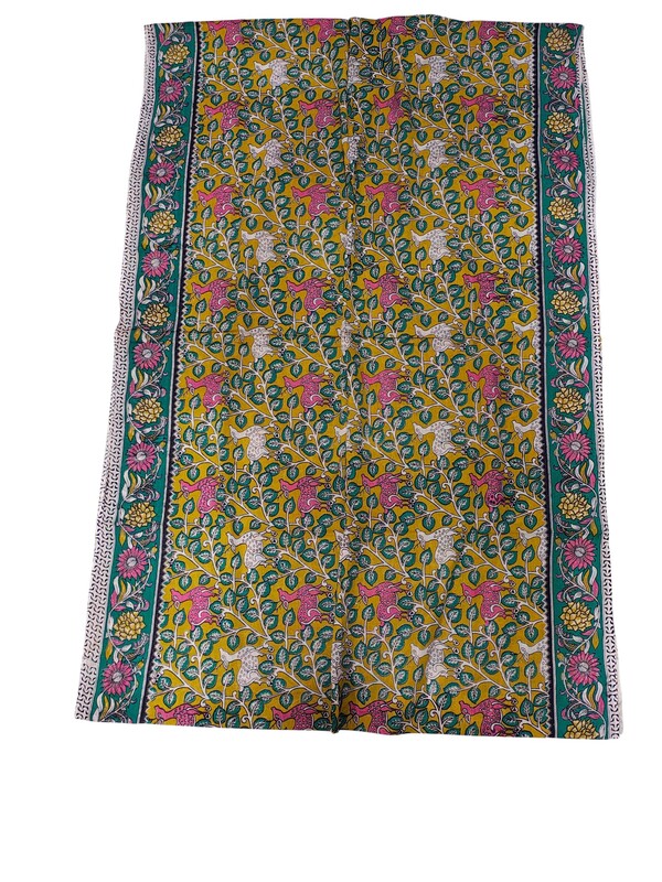 Olive Green Kalamkari Block Print Pure Cotton Saree with Blouse Piece