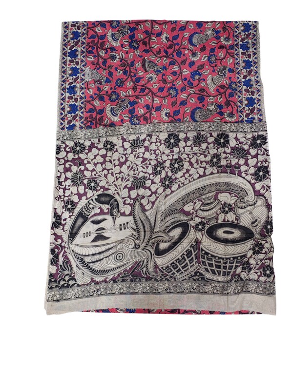 Pink & Blue Kalamkari Block Print Pure Cotton Saree with Blouse Piece