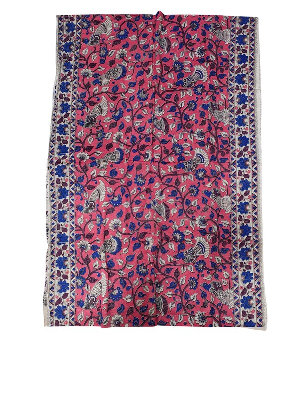 Pink & Blue Kalamkari Block Print Pure Cotton Saree with Blouse Piece