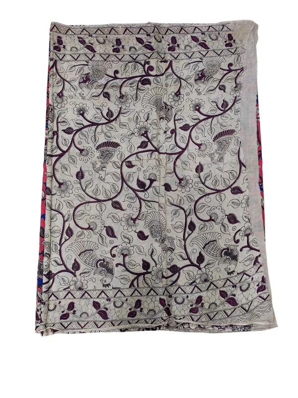 Pink & Blue Kalamkari Block Print Pure Cotton Saree with Blouse Piece