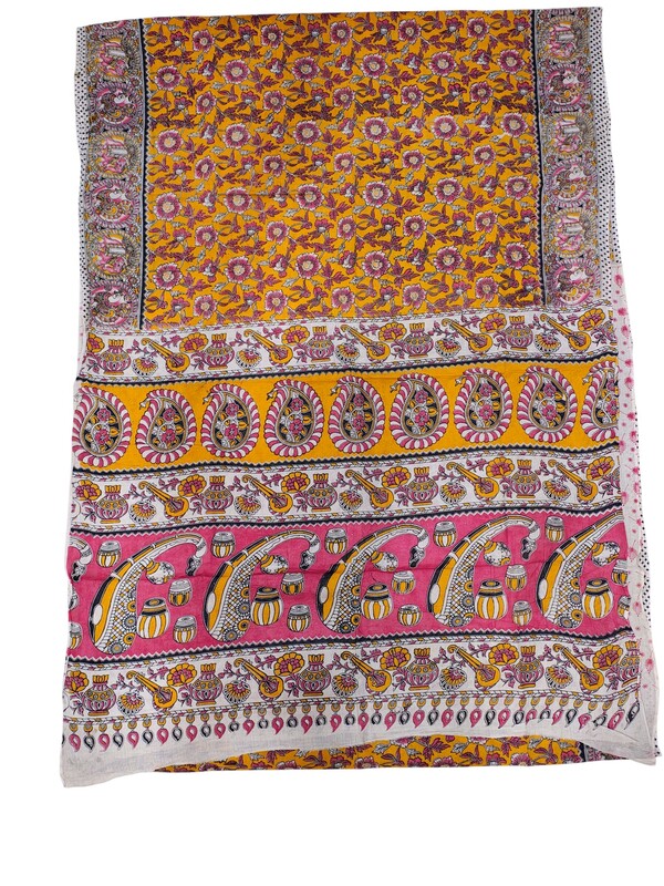 Mustard Kalamkari Block Print Pure Cotton Saree with Blouse Piece