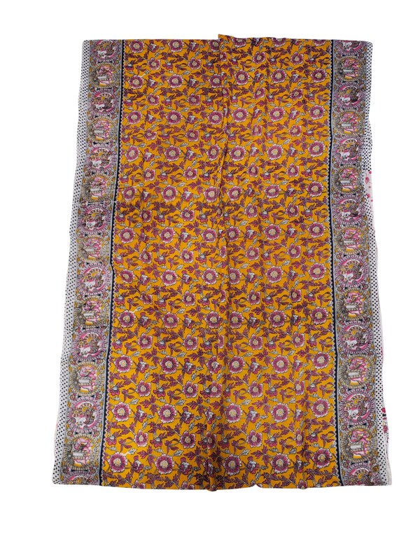 Mustard Kalamkari Block Print Pure Cotton Saree with Blouse Piece