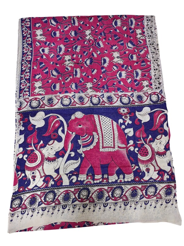 Dark Pink Kalamkari Block Print Pure Cotton Saree with Blouse Piece