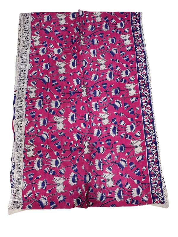 Dark Pink Kalamkari Block Print Pure Cotton Saree with Blouse Piece