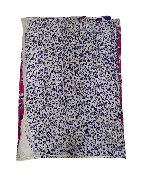 Dark Pink Kalamkari Block Print Pure Cotton Saree with Blouse Piece