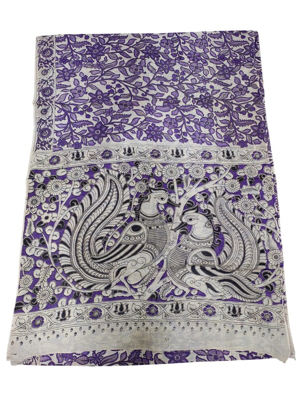 Lavender Kalamkari Block Print Pure Cotton Saree with Blouse Piece