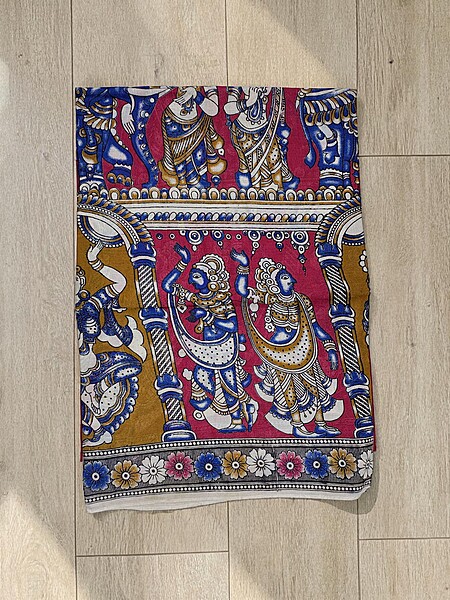 Red & Blue Kalamkari Block Print Pure Cotton Saree with Blouse Piece