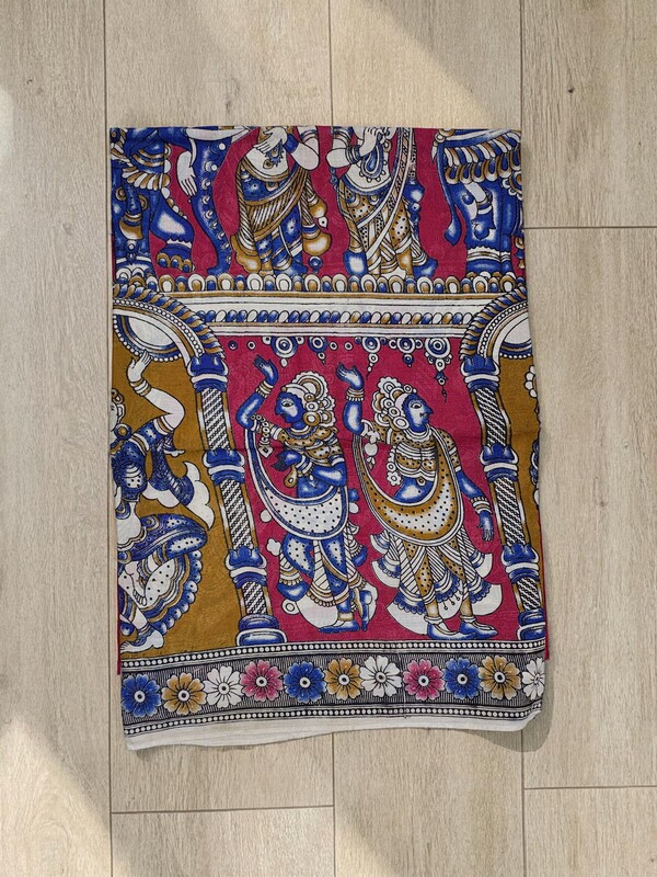 Red & Blue Kalamkari Block Print Pure Cotton Saree with Blouse Piece