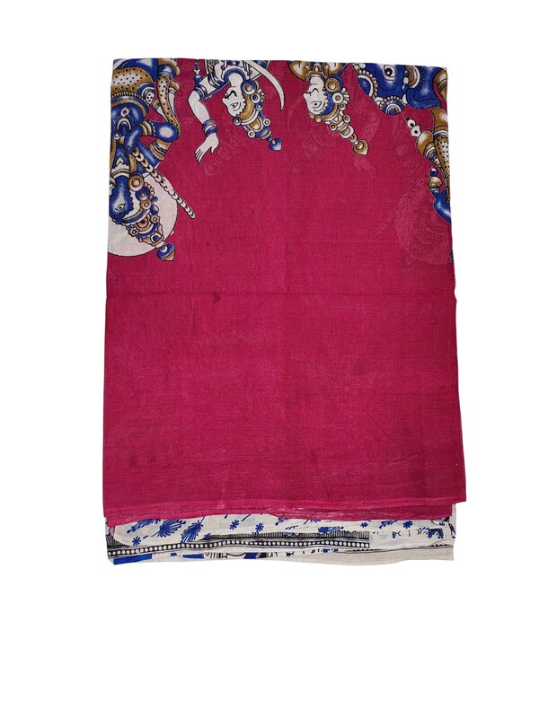 Red & Blue Kalamkari Block Print Pure Cotton Saree with Blouse Piece