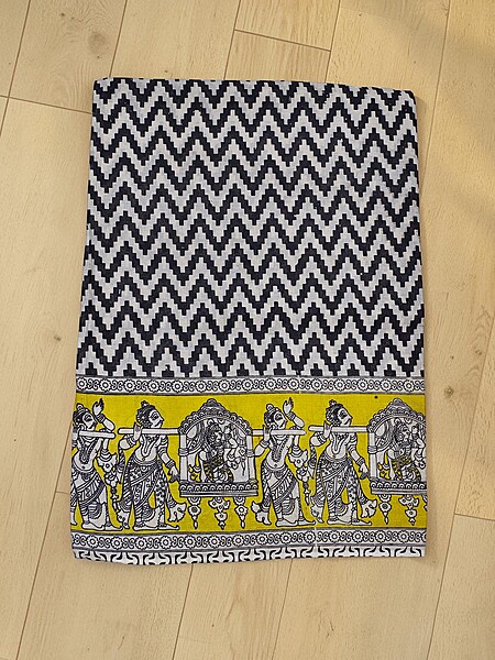 Black & Yellow Kalamkari Block Print Pure Cotton Saree with Blouse Piece