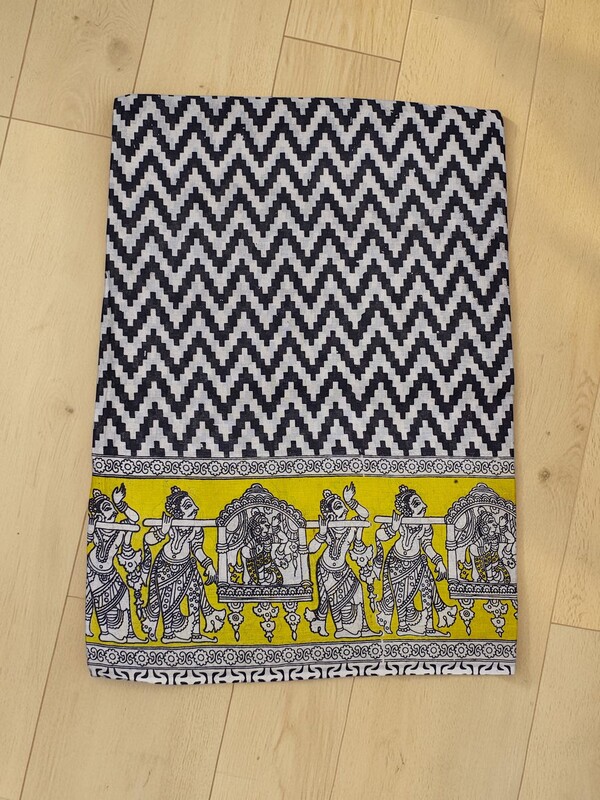 Black & Yellow Kalamkari Block Print Pure Cotton Saree with Blouse Piece