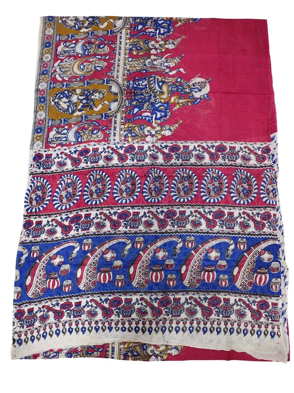 Red & Blue Kalamkari Block Print Pure Cotton Saree with Blouse Piece