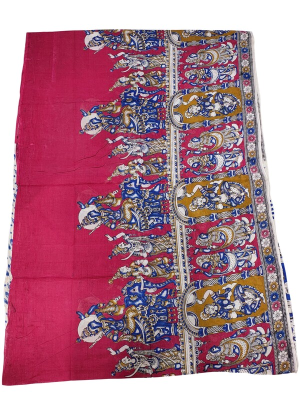 Red & Blue Kalamkari Block Print Pure Cotton Saree with Blouse Piece