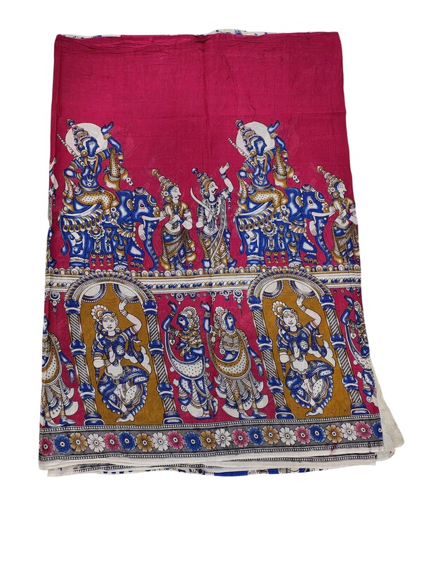 Red & Blue Kalamkari Block Print Pure Cotton Saree with Blouse Piece