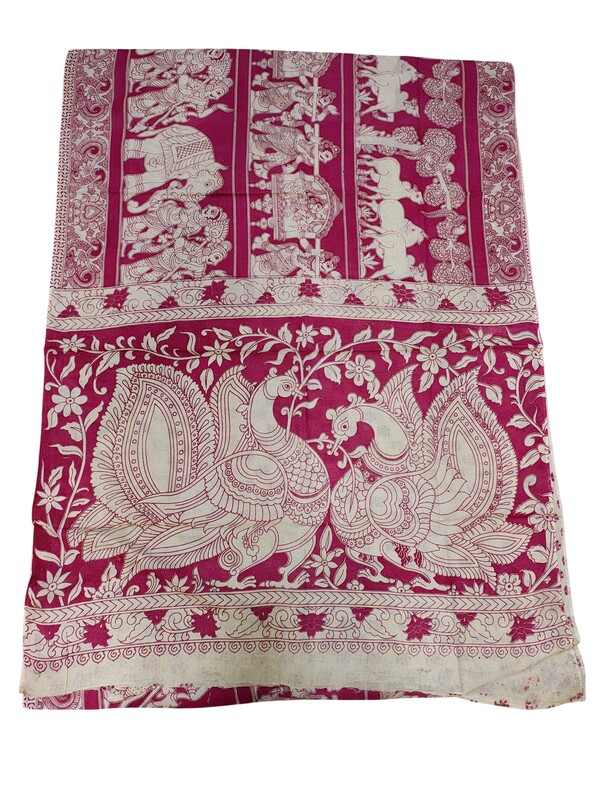 Red Kalamkari Block Print Pure Cotton Saree with Blouse Piece
