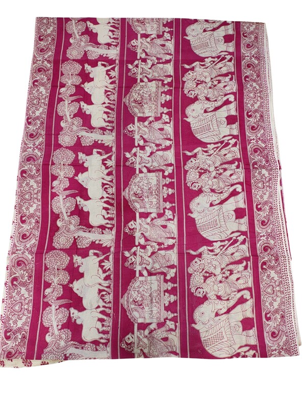 Red Kalamkari Block Print Pure Cotton Saree with Blouse Piece