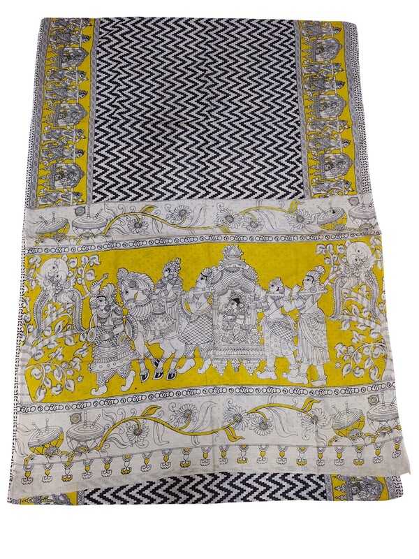 Black & Yellow Kalamkari Block Print Pure Cotton Saree with Blouse Piece