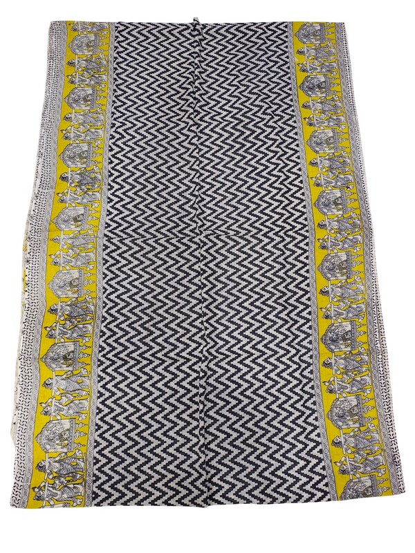 Black & Yellow Kalamkari Block Print Pure Cotton Saree with Blouse Piece