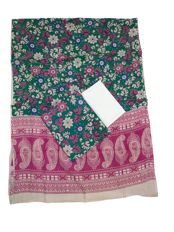 Dark Green & White Kalamkari Pure Cotton Unstitched Salwar Suit Set