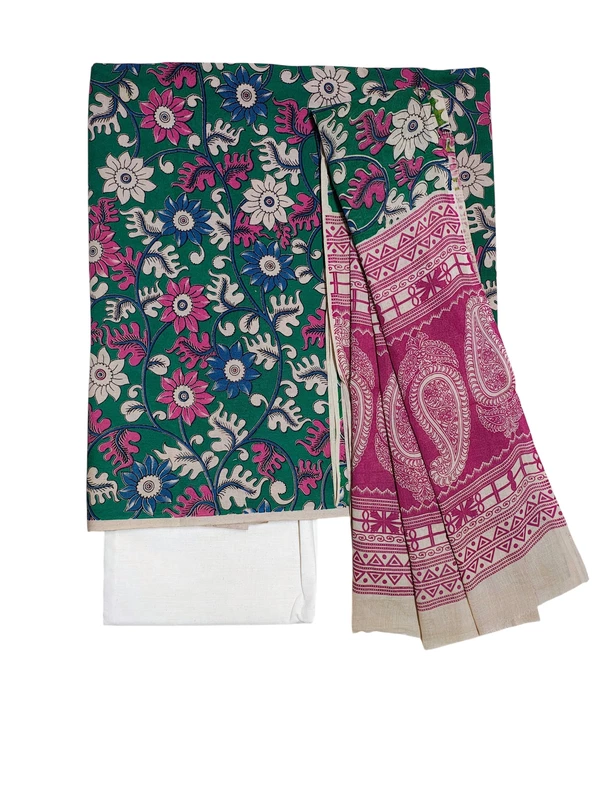 Dark Green & White Kalamkari Pure Cotton Unstitched Salwar Suit Set