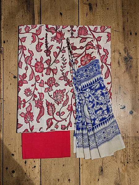 Red Kalamkari Pure Cotton Unstitched Salwar Suit Set