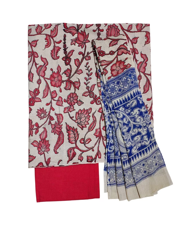 Red Kalamkari Pure Cotton Unstitched Salwar Suit Set