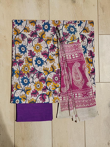 Purple & Pink Kalamkari Pure Cotton Unstitched Salwar Suit Set