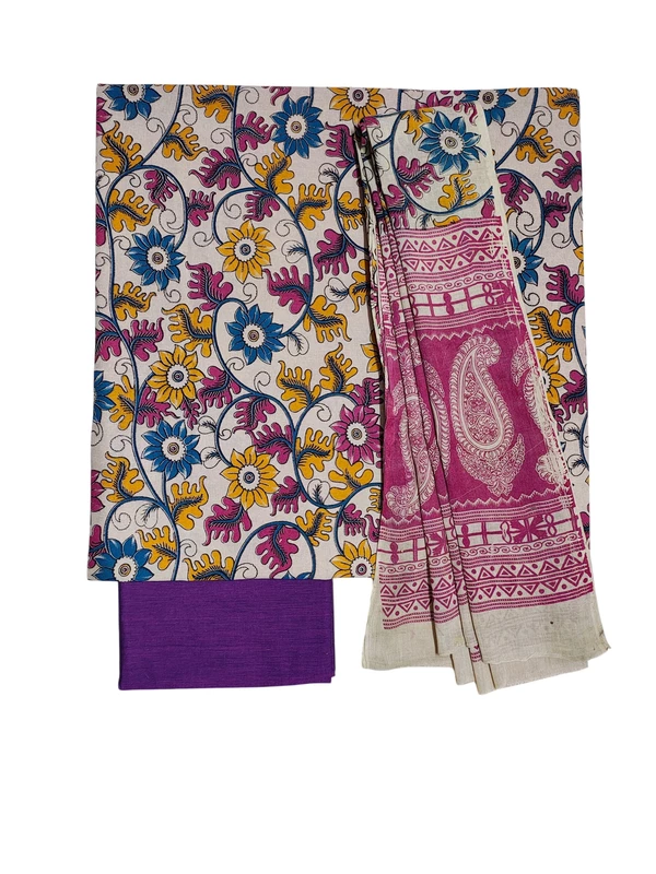 Purple & Pink Kalamkari Pure Cotton Unstitched Salwar Suit Set