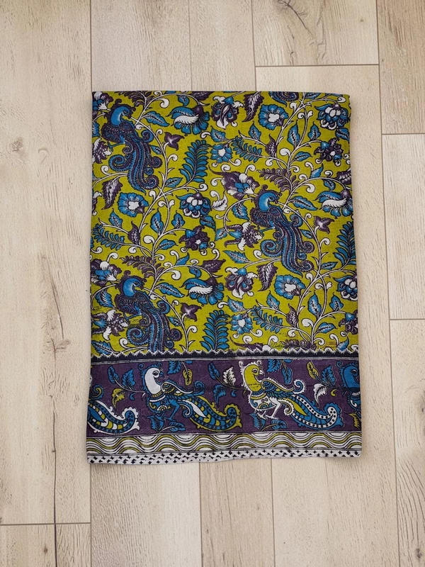 Olive Green & Blue Kalamkari Cotton Saree with Unstitched Blouse