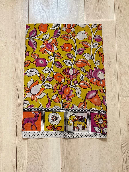 Yellow Kalamkari Pure Cotton Saree with Unstitched Blouse