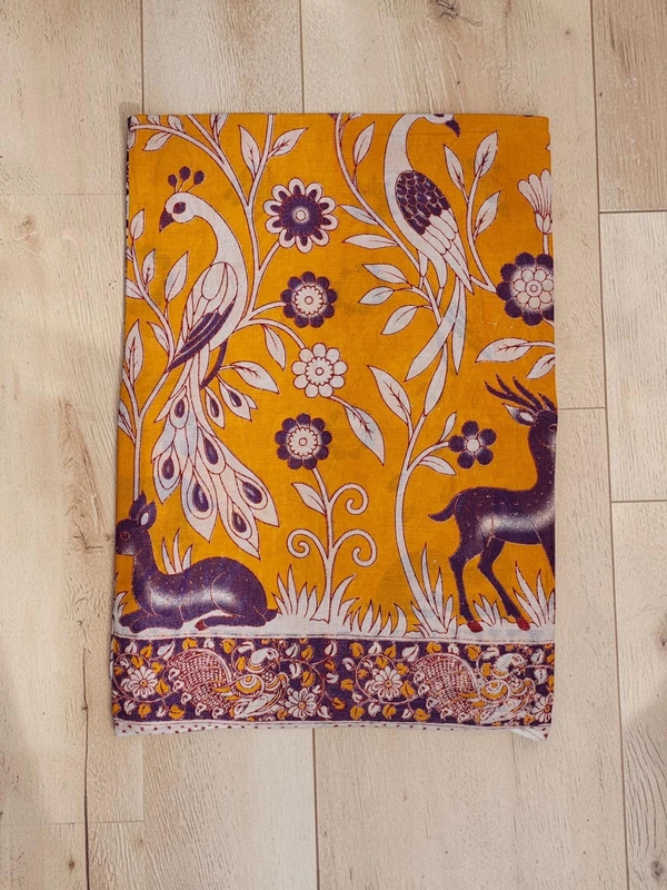Mustard & Purple Kalamkari Cotton Saree with Unstitched Blouse