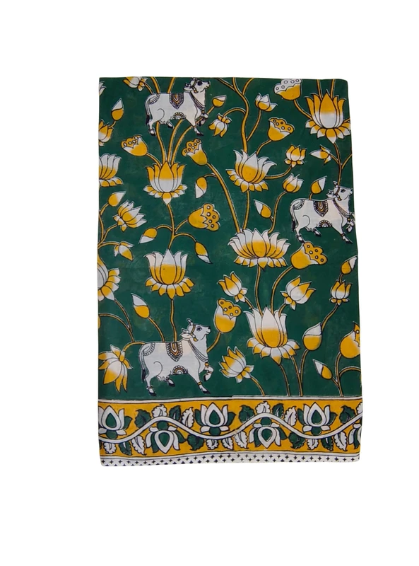 Dark Green Kalamkari Cotton Saree with Unstitched Blouse