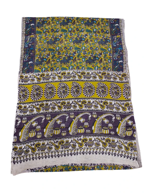 Olive Green & Blue Kalamkari Cotton Saree with Unstitched Blouse