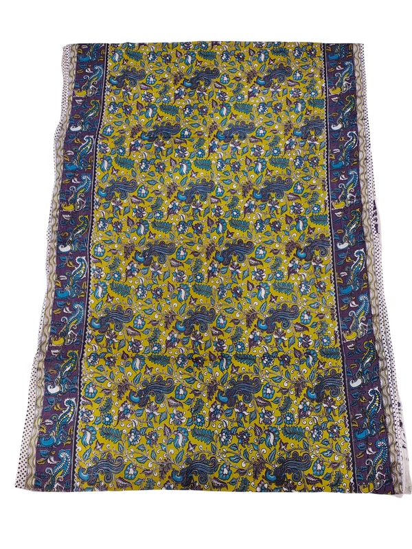 Olive Green & Blue Kalamkari Cotton Saree with Unstitched Blouse