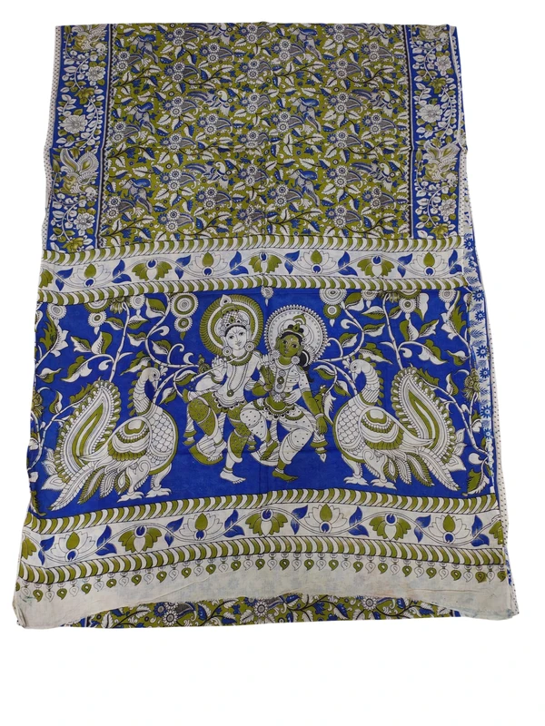 Olive Green Kalamkari Pure Cotton Saree with Unstitched Blouse