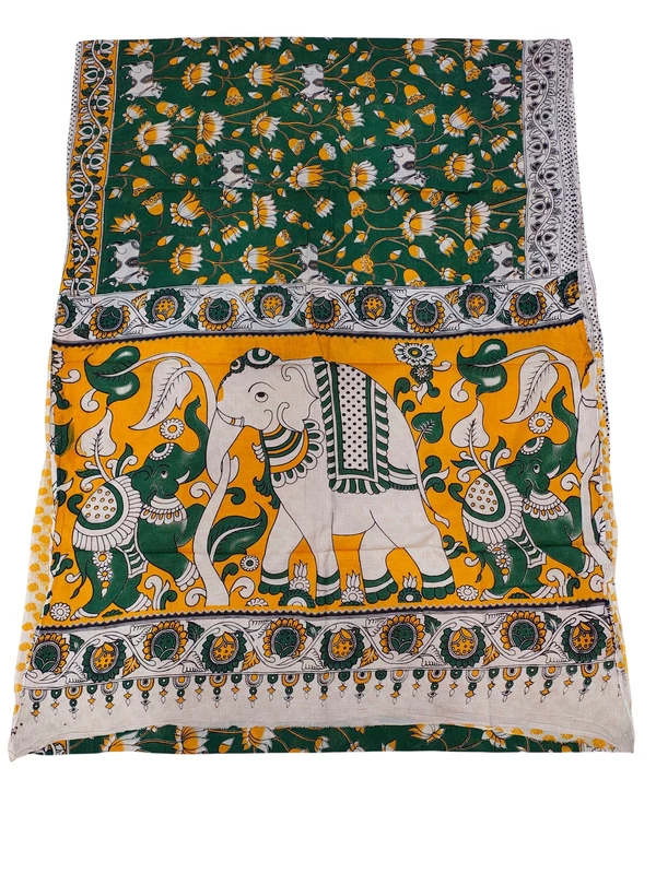 Dark Green Kalamkari Cotton Saree with Unstitched Blouse