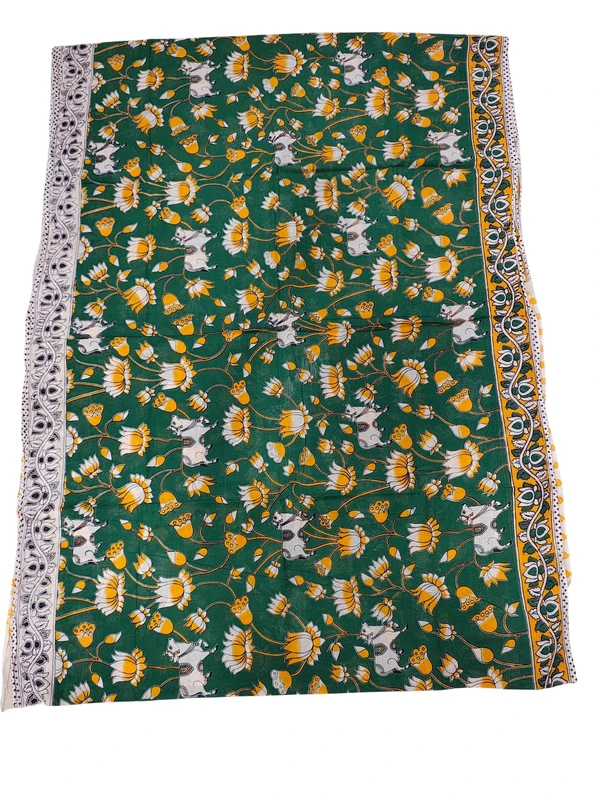 Dark Green Kalamkari Cotton Saree with Unstitched Blouse
