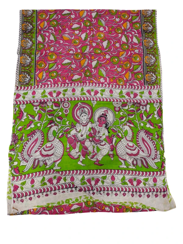 Pink & Green Kalamkari Cotton Saree with Unstitched Blouse