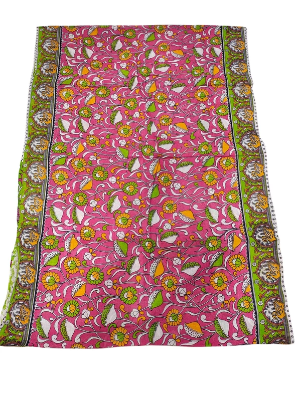 Pink & Green Kalamkari Cotton Saree with Unstitched Blouse