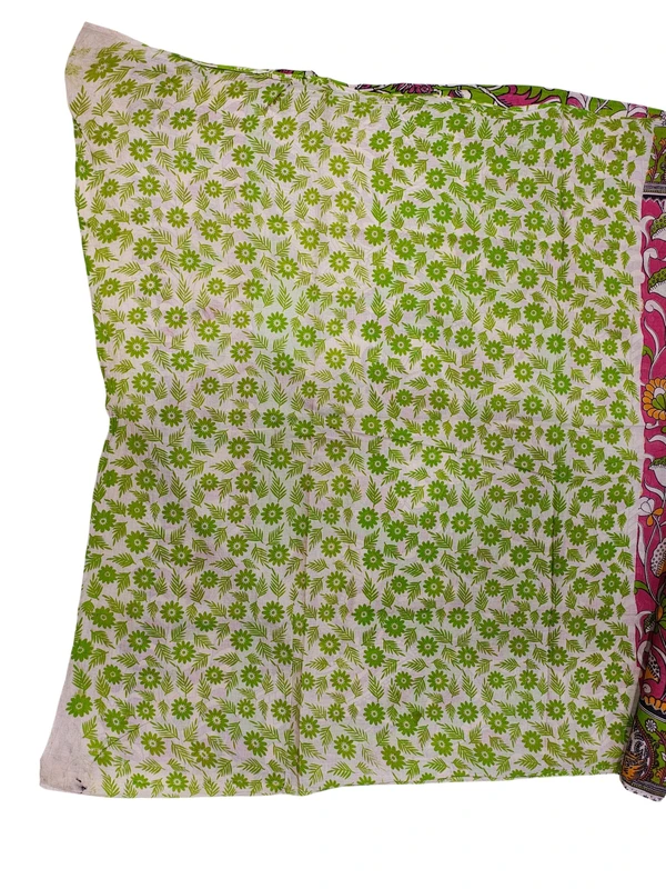 Pink & Green Kalamkari Cotton Saree with Unstitched Blouse
