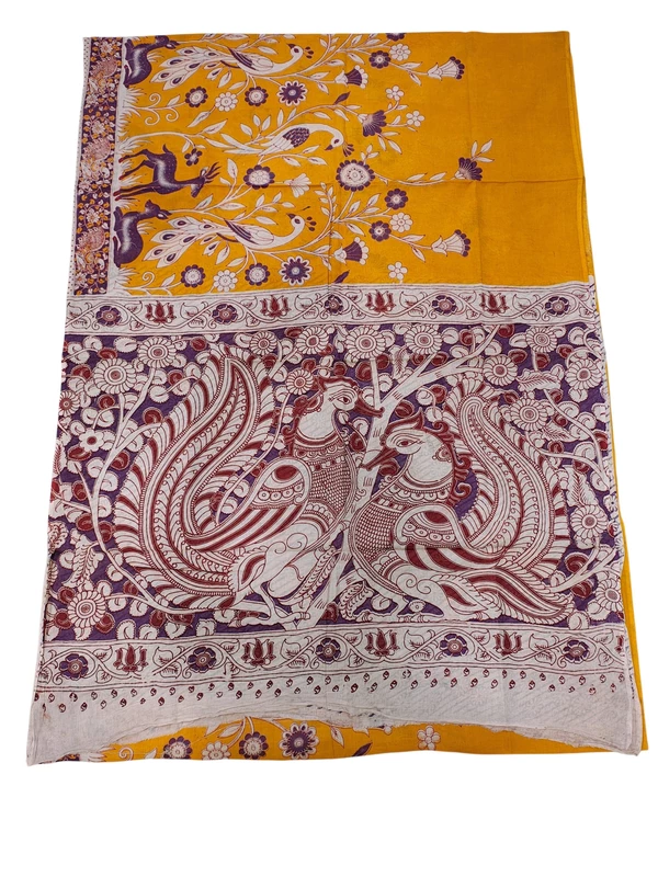 Mustard & Purple Kalamkari Cotton Saree with Unstitched Blouse