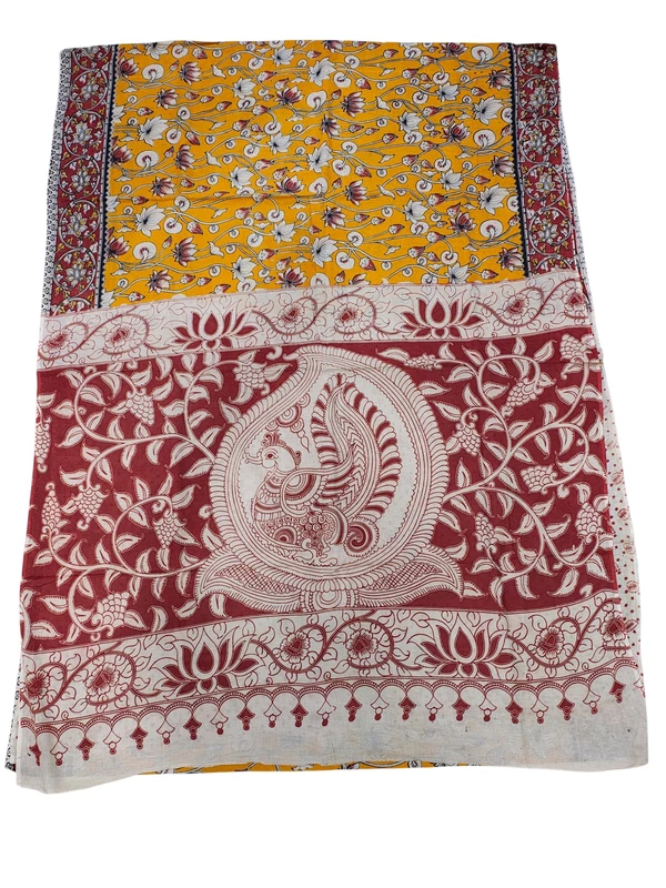Mustard & Maroon Kalamkari Pure Cotton Saree with Unstitched Blouse