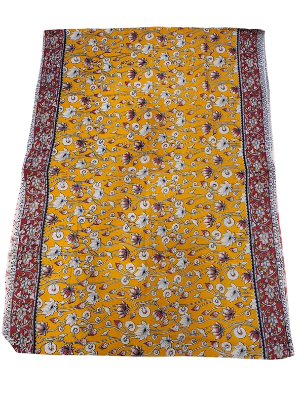 Mustard & Maroon Kalamkari Pure Cotton Saree with Unstitched Blouse