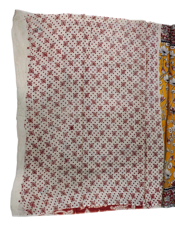 Mustard & Maroon Kalamkari Pure Cotton Saree with Unstitched Blouse